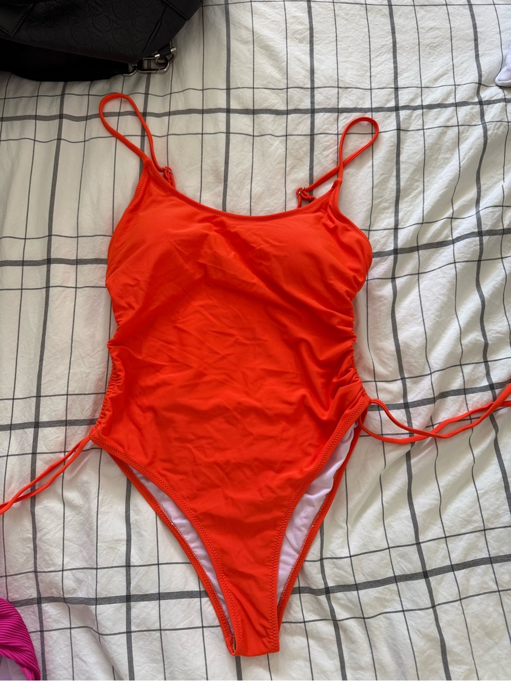 Women's Solid Orange One-Piece Swimsuit with Side Drawstrings